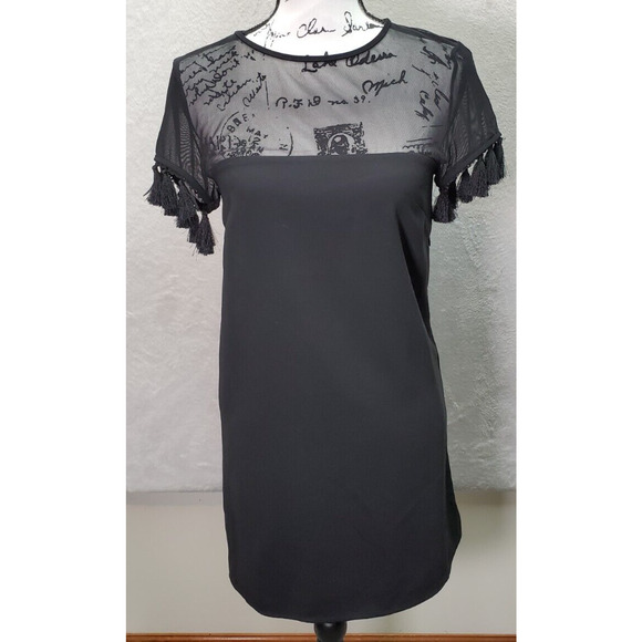 Lulus Shift Dress Women's XS Black Mesh Panel Polyester Lined Tasseled Side Zip - Picture 1 of 10